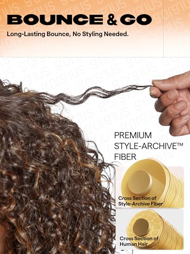 GORGIUS Highlight Brown Curly Wig with Bangs Glueless Synthetic Bang Wigs with Realistic Scalp Put On ang Go Beginner Friendly 20 Inch