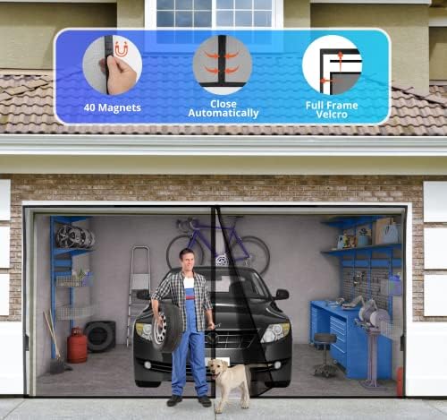 Garage Door Screen for 1 Car 9x7FT, Magnetic Screen Garage with Retractable Fiberglass Mesh and Heavy Duty Weighted Bottom, Easy Assembly & Pass, Hands Free Screen Door w/ 40 Magnets for Garage/Patio