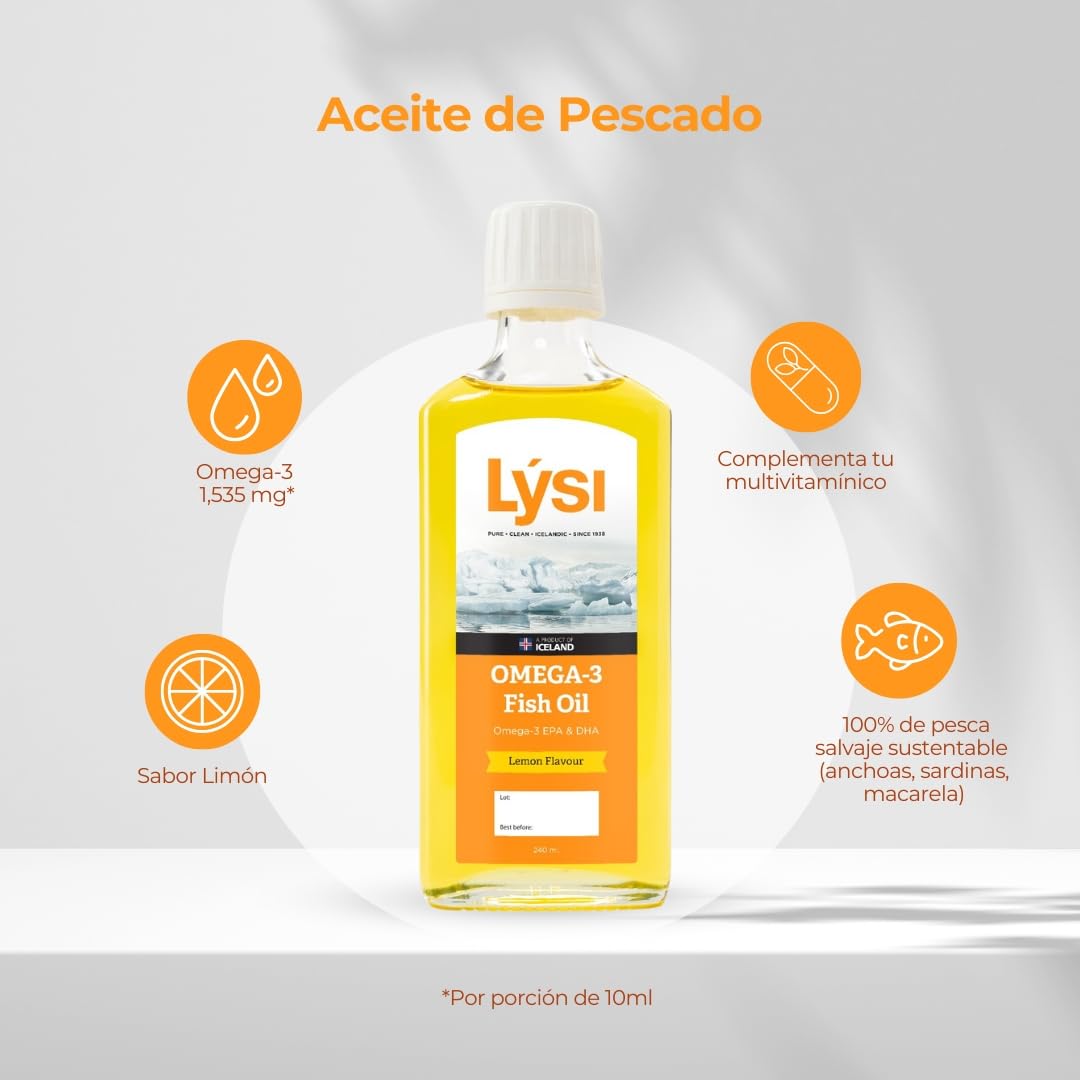 LÝSI, Omega 3 en Aceite de pescado, Mezcla de diferentes pescados, Sabor limón, Para toda la familia y embarazadas, Sin gluten y azúcar, 240 ml.
