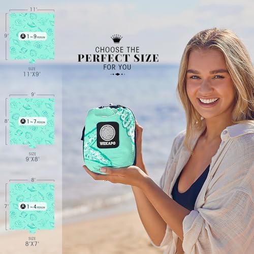 WEKAPO Beach Blanket Waterproof Sandproof Oversized, Extra Large Beach Mat Sand Free, Lightweight & Compact Sand Free Mat with 6 Stakes & 4 Corner Pockets