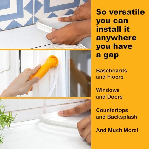 InstaTrim New & Improved Self-Adhesive Caulk Trim, 1/2" x 10', 2-Pack, Flexible, Waterproof, Stain Resistant for Bathroom, Floors, Walls, DIY Project, White