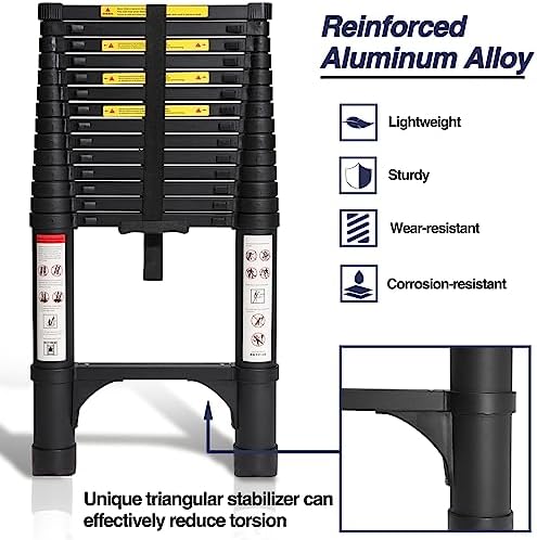BOCOM 14.5 FT Aluminum Telescoping Ladder, Lightweight Multi-Purpose Collapsible Extension with 2 Triangle Stabilizers, Heavy Duty 330 lbs Max Capacity, Ideal for Home, RV, and Outdoor Work Black
