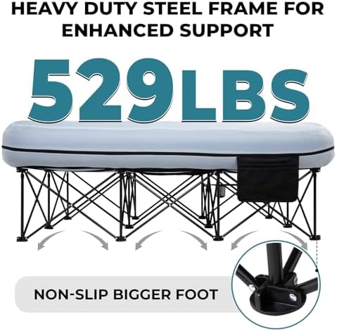 FUNDANGO Queen Camping Cot, 2 Person Folding Airbed Mattress, Double Camp Bed with 2 Cup Holders, Removeable Cover for Adults Outdoor Travel,Carry Bag Included (Grey)