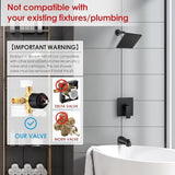 Esnbia Tub Shower Faucet Set (Valve Included) with 6-Inch Rain Shower Head and Tub Spout, Black Shower Head and Handle Set，Single-Handle Tub and Shower Trim Kit, Matte Black