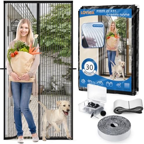 Heavy Duty Door Screen Magnetic Closure, LOVIGA Thickened Fiberglass Screen Door Mesh, Self Sealing, Tear Resistant, Easy Assemble, Fine Mesh Keep Bugs Out Fit Door Size 36 Inch X 96 Inch