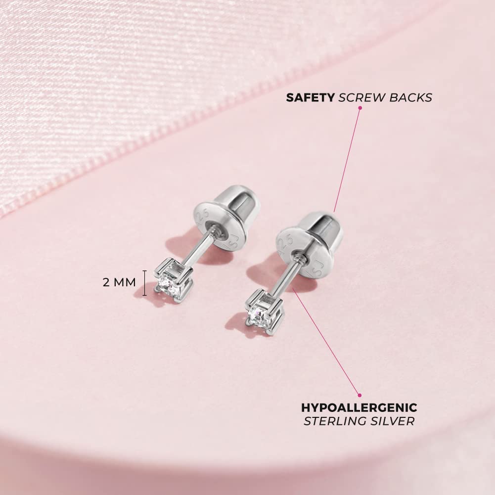 In Season Jewelry Sterling Silver Tiny Princess Square Cut Earrings - 2mm