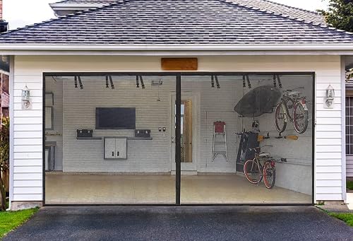 Garage Screen Doors for 2 car garage-16x8FT Fiberglass Durable Heavy Duty Magnetic Garage Door Screen Retractable Hands Free with 6 Roll Up Straps for Patio Workshop Home Gym Sun Room
