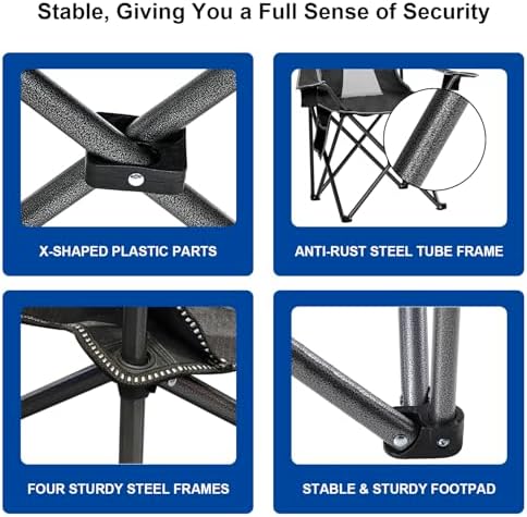 Collapsible Folding Camping Chairs Heavy Duty Lawn Foldable Chair with Cooler Bag, Storage Pocket, Waterproof Bag Outdoor Arm Sport Chair, Supports 325LBS, Black