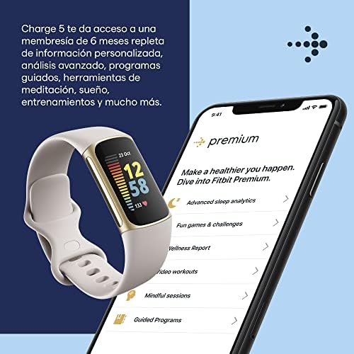 Fitbit Charge 5 Advanced Fitness & Health Tracker with Built-in GPS, Stress Management Tools, Sleep Tracking, 24/7 Heart Rate and More, Lunar White/Soft Gold, One Size (S &L Bands Included) (Renewed)