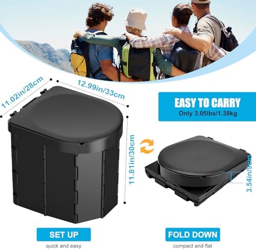 Portable Camping Toilet, Folding Toilet for Adults with Lid and Retractable Toilet Paper Holder, Waterproof Porta Potty with Carry Bag and Disposible Liners for Camping, Hiking, RV Travel
