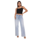 ONESO Mid-Low Rise Baggy Jeans Wide Leg for Women Distressed Pants Stretchy Bottom Lady Basic Comfortable Denim (US, Numeric, 27, Regular, Regular, Mid Low-Light Blue)