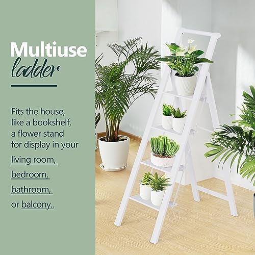 WOA WOA 4 Step Ladder, Ladders for Home, Anti-Slip Pedals, Aluminum Step Stool Foldable, Lightweight to Move, Ease of Storage, Reach 9ft for Closet Kitchen Library, Hold 300lbs - White