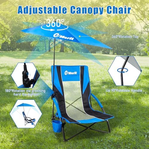 EMERIT Low Beach Chairs for Adults, Sling Beach Chair with Umberalla, Folding Backpack Camping Chair with Cup Holder