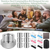 Lallisa Outdoor Camping Cookware Mess Kit Polished Stainless Steel Dishes Camping Utensils Portable Tableware with Plates Cups Spoons Forks Knives Mesh Bag for Backpacking Hiking