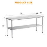 ROVSUN 72'' x 24'' Stainless Steel Table for Prep & Work,Commercial Worktables & Workstations,Heavy Dut Metal Table with Adjustable UnderShelf & Backsplash for Kitchen, Restaurant,Home,Hotel