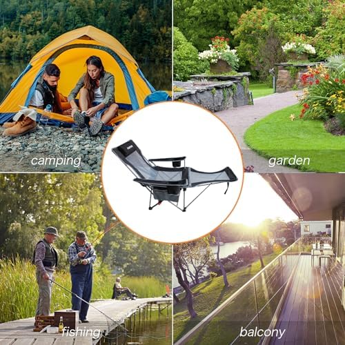 Reclining Camping Chair with Removable Footrest Lounge Chair with Headrest, Cotton Cushion, Portable Adjustable Folding Chairs for Adults Black