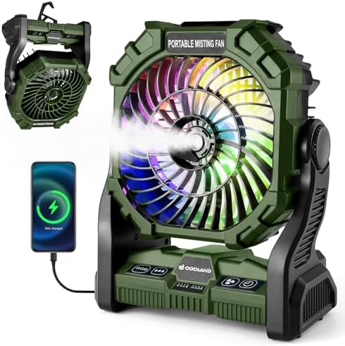 Odoland Portable Camping Misting Fan with LED Light, 20000mAh Battery Operated Rechargeable Mister Fan with 250mL Water Tank, Hook, Outdoor Tent Cooling Fans for Patios Beach Travel Home Summer, Green