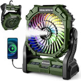 Odoland Portable Camping Misting Fan with LED Light, 20000mAh Battery Operated Rechargeable Mister Fan with 250mL Water Tank, Hook, Outdoor Tent Cooling Fans for Patios Beach Travel Home Summer, Green