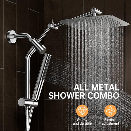 Veken 10" Luxurious All Metal Rain Shower Head with Handheld Spray Combo, High Pressure Rainfall Square Shower Heads with Extention Arm, Wide Dual Showerhead, Bathroom Accessories, Chrome, Silver