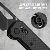 Tarcus Folding Pocket Knife, 3.5" D2 Steel DLC Blade Carbon Fiber Overlay Handle, Lightweight EDC Knife with Crossbar Lock for Men and Women, Ideal for Camping, Hiking, and Survival
