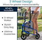 Vive Mobility 3 Wheel Walker - Three Wheeled Rollator for Seniors - Lightweight, Foldable, Narrow, Heavy Duty - for Elderly Men Women - Folding 3-Wheel Tri Scooter with Basket Bag (FSA HSA Approved)