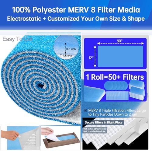 Air Vent Filters Roll,12" x90" Cut to Fit Air Filter Material(60+Filters),MERV 8 Triple Filtration Electrostatic Vent Filter for Home Floor,Ceiling,Furnace, AC & HVAC-Includes 48 Adhesive Hook Tape