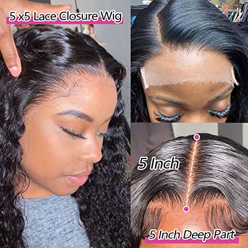 htsly 5x5 Hd Lace Closure Wigs Human Hair Water Wave 5x5 Closure Wig for Women 180 Density Curly Closure Wig Glueless Wet and Wavy Lace Front Wigs Pre Plucked Natural Black 24 Inch