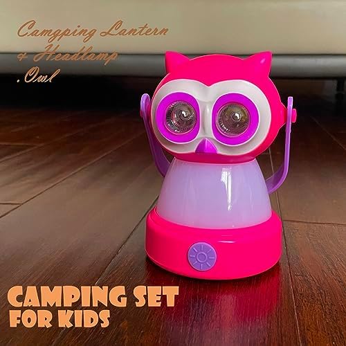 Kids Camping Lantern with Headlamp LED Light | Outdoor Adventure Flashlight for Children | Safe & Durable Camping Gear | AA Battery Powered | Kids' Night Camping Essential | Pink Owl