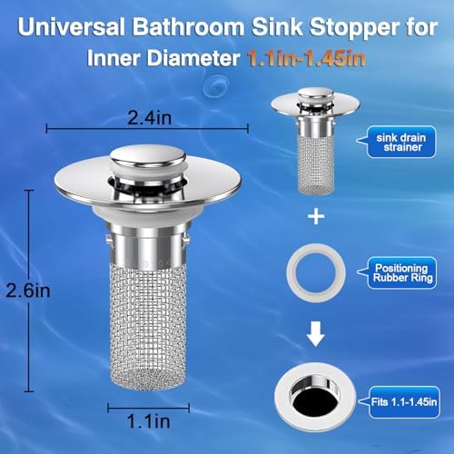 Bathroom Sink Drain Strainer, Pop-up Sink Drain Strainer with Removable Stainless Steel Strainer Basket Hair Catcher, Bathroom Sink Strainer for Bathroom Sink Stopper Replacement.(2PCS)