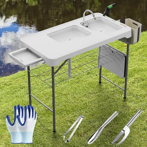 Fish Cleaning Table with Sink 42.6" Width Portable Folding Camping Table with Measure Mark|Outdoor Fish Cleaning Station with Grid Rack&Fish Cleaning Kit for Picnic, Patio