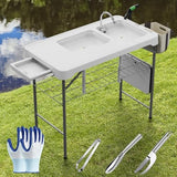Fish Cleaning Table with Sink 42.6" Width Portable Folding Camping Table with Measure Mark|Outdoor Fish Cleaning Station with Grid Rack&Fish Cleaning Kit for Picnic, Patio