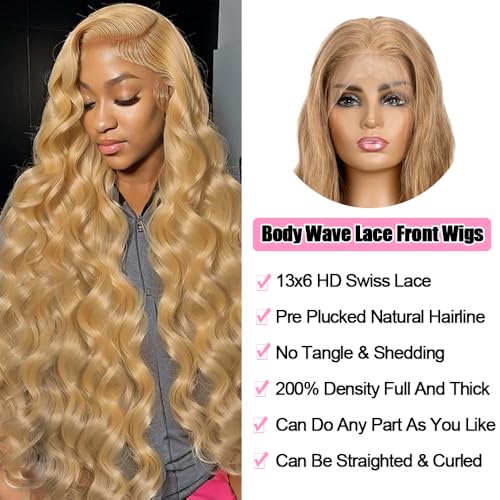 KTOOYKE 200% Density 30 Inch Honey Blonde 13x6 HD Lace Front Wig Human Hair Body Wave Lace Frontal Wigs Human Hair Pre Plucked 27# Honey Blonde Wig Glueless Wigs