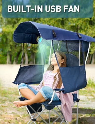 Beach Chair with Canopy Shade and Fan – 360° Rotatable & 3-Speed Airflow, Camping Chair with Canopy and Powerful & Quiet Fan, Cup Holder, Side Pocket – Supports 330 LBS