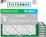 Filterbuy 18x18x1 Air Filter MERV 8 Dust Defense (6-Pack), Pleated HVAC AC Furnace Air Filters Replacement (Actual Size: 17.75 x 17.75 x 0.75 Inches)