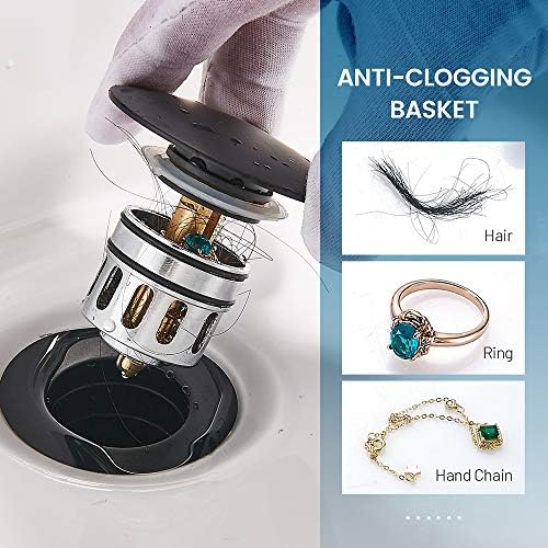 Vessel Sink Drain, Bathroom Faucet Vessel Sink Pop Up Drain Stopper, Built-In Anti-Clogging Strainer, with Overflow Matt Black, Fits Standard American Drain Hole(1-1/2" to 1-3/4") RWF083P