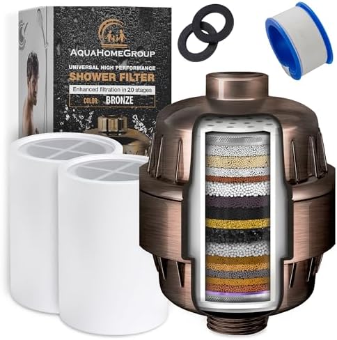 Aquahomegroup AHG20 20 Stage Vitamin C E for Hard High Output Shower Remove Chlorine and Fluoride-2 Cartridges Included-Consistent Water Flow Showerhead Filter, Bronze