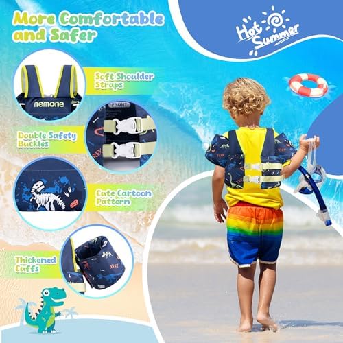 NEMONE Toddler Swim Vest for 22-70 lbs Kids Floaties Swim Jacket with Arm Water Wings for Girls Boys 2 3 4 5 6 7 Years Old Sea Beach Pool