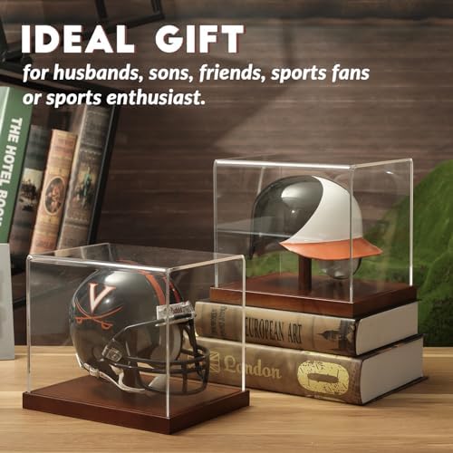 JupDec Mini Helmet Display Case, Acrylic Clear 1/2 Football Baseball Helmet Showcase, UV Protection Souvenirs and Collectibles Box with Solid Wood Base & Riser, Ideal Gift for Sports Enthusiast