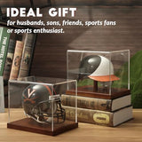 JupDec Mini Helmet Display Case, Acrylic Clear 1/2 Football Baseball Helmet Showcase, UV Protection Souvenirs and Collectibles Box with Solid Wood Base & Riser, Ideal Gift for Sports Enthusiast