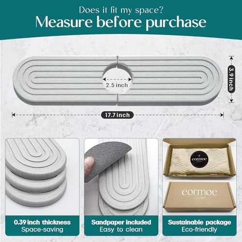 eormoe Diatomite Sink Splash Guard - DryingNeat Kitchen Faucet Mat, Instant Dry Water Absorbing Stone Tray for Sink, Durable Protector for Kitchen Bathroom Counter [Light Grey, 17.7" x 3.9"]