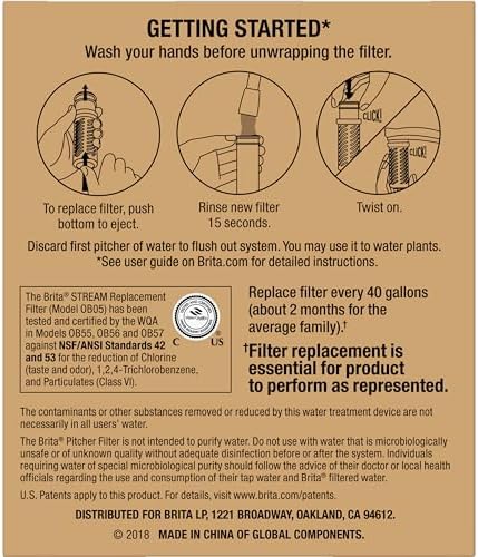 Brita Stream Pitcher Water Filter for Pitchers and Dispensers, BPA-Free, Replaces 1,800 Plastic Water Bottles a Year, Lasts Two Months or 40 Gallons, Includes 2 Filters