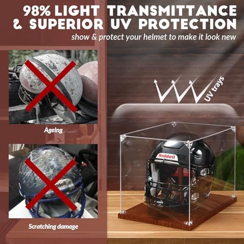 JupDec Football Helmet Display Case, Full Size Acrylic Baseball Motorcycle Helmet Showcase, UV Protection Souvenirs and Collectibles Box with Solid Wood Base & Riser, Ideal Gift for Sports Enthusiast