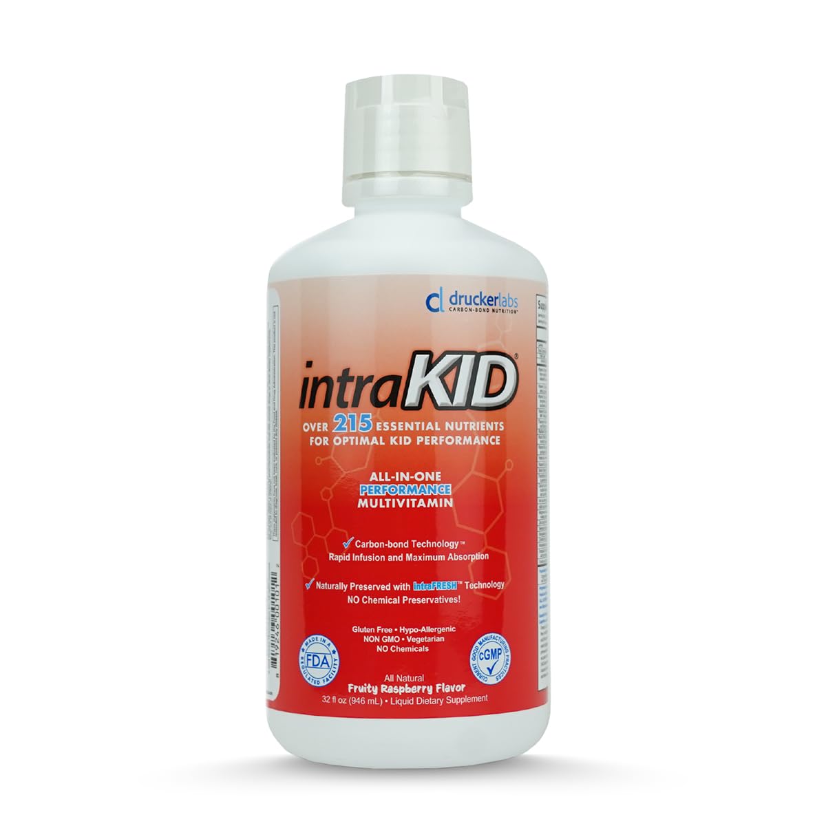 intraKID Drucker Labs Organic Liquid Multivitamin for Kids, Immune Support, Non GMO, Dairy Free, Gluten Free, Magnesium, Vitamin A,C,E, Zinc, (32 oz., Fruity Raspberry)