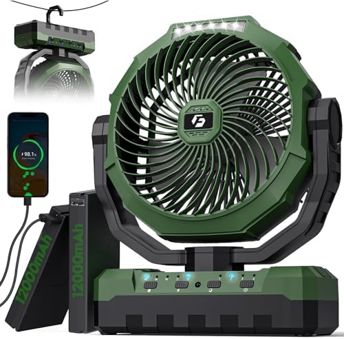 FRIZCOL 3-in-1 Camping Fan - Portable Fans Rechargeable - 24000mAh 9-Inch Battery Powered Fan(140Hrs) with Light & Remote for Indoor, Outdoor, Tent, Travel, BBQ, Fishing, Jobsite - Green