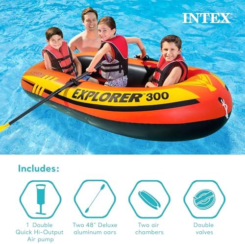 INTEX Explorer Inflatable Boat Series: Dual Air Chambers – Welded Oar Locks – Grab Handles – Bow Rope – Sporty Design