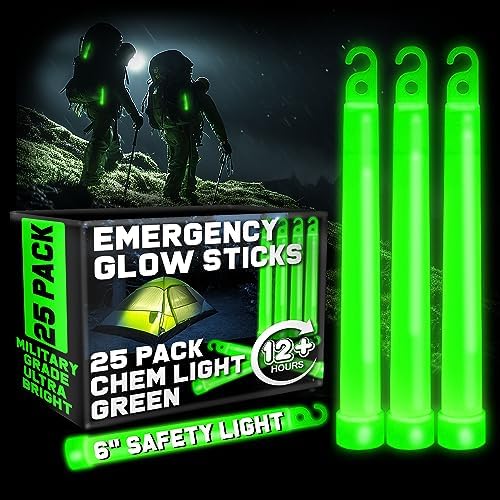 Emergency Glow Sticks - 25 Ultra Bright Military Grade Chem Lights - 12 Hour Bulk Tactical Light Sticks for Survival Gear, Camping, and Power Outages