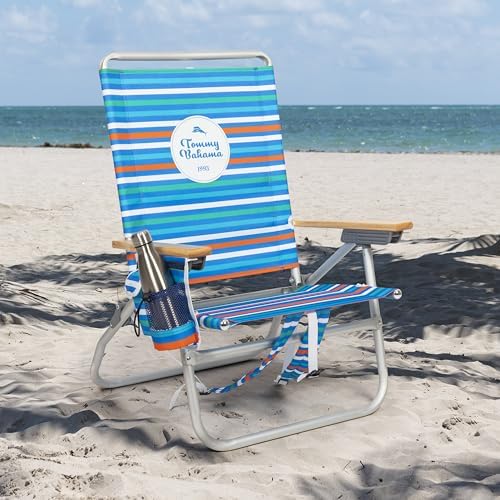 Tommy Bahama 4-Position, Extended 12.8" seat Height Easy in-Easy Out Folding Backpack Beach Chair, Logo Stripe