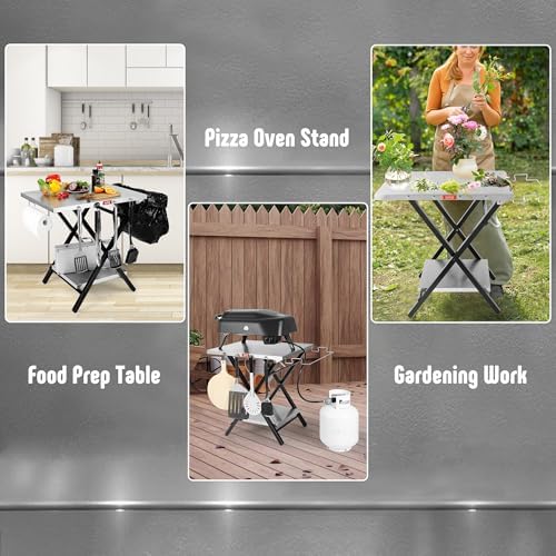 Foldable Grill Table with Extra Storage Bottom Shelf, Outdoor Indoor Foldable Outdoor Grill Stand Table with Garage Rack & Tissue Holder,Easy Set-up, 30" x 24", Silver