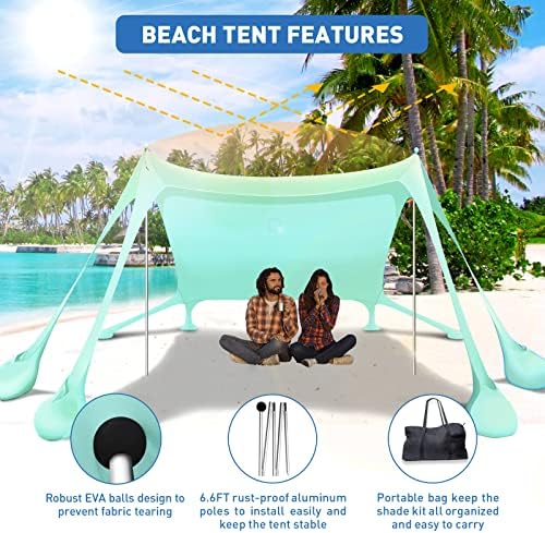 Beach Tent Canopy Pop Up Shade 10x10ft Sun Shelter Portable Family UPF50+ with 8 Sandbags-2 Sand Shovel-4 Aluminum Poles-Ground Pegs-Carrying Bag for Outdoor Camping Fishing Backyard Picnic