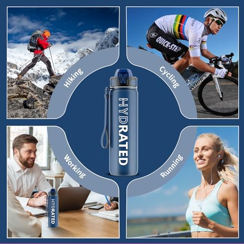 Water Bottle with Straw, 32oz Motivational Water Bottles with Time Marker to Drink, Tritan BPA Free, 1L Sports Water Bottle with Carry Strap LeakProof for Women Gym Fitness Outdoor (1 Pack)